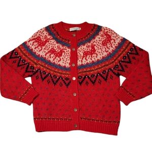 VINTAGE Northern Isles Christmas Reindeer Fair Isle Cardigan Sweater Red Medium